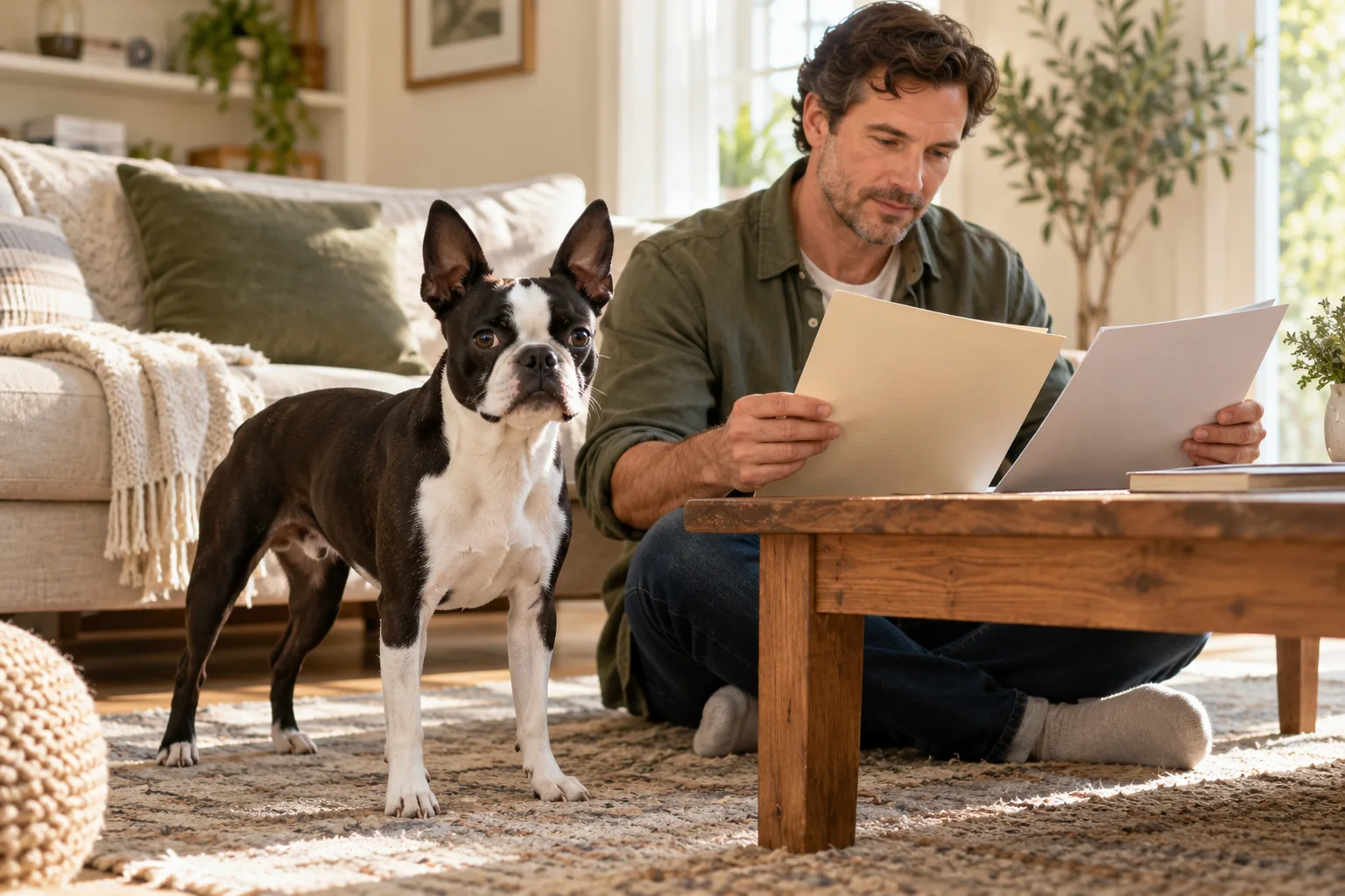 An owner reviewing two papers with a small black-and-white dog nearby