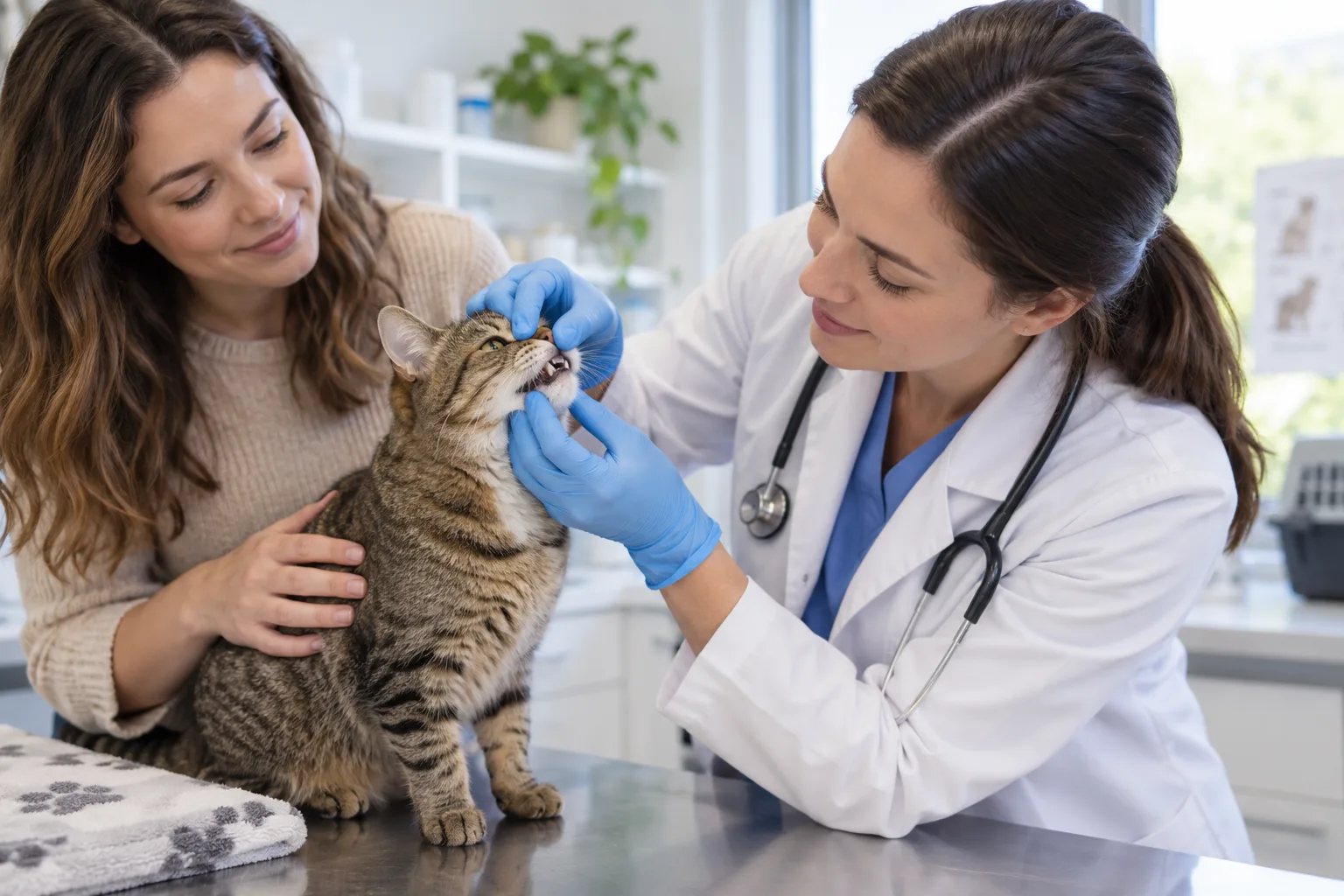 A veterinary professional examining a cat’s mouth with its owner nearby
